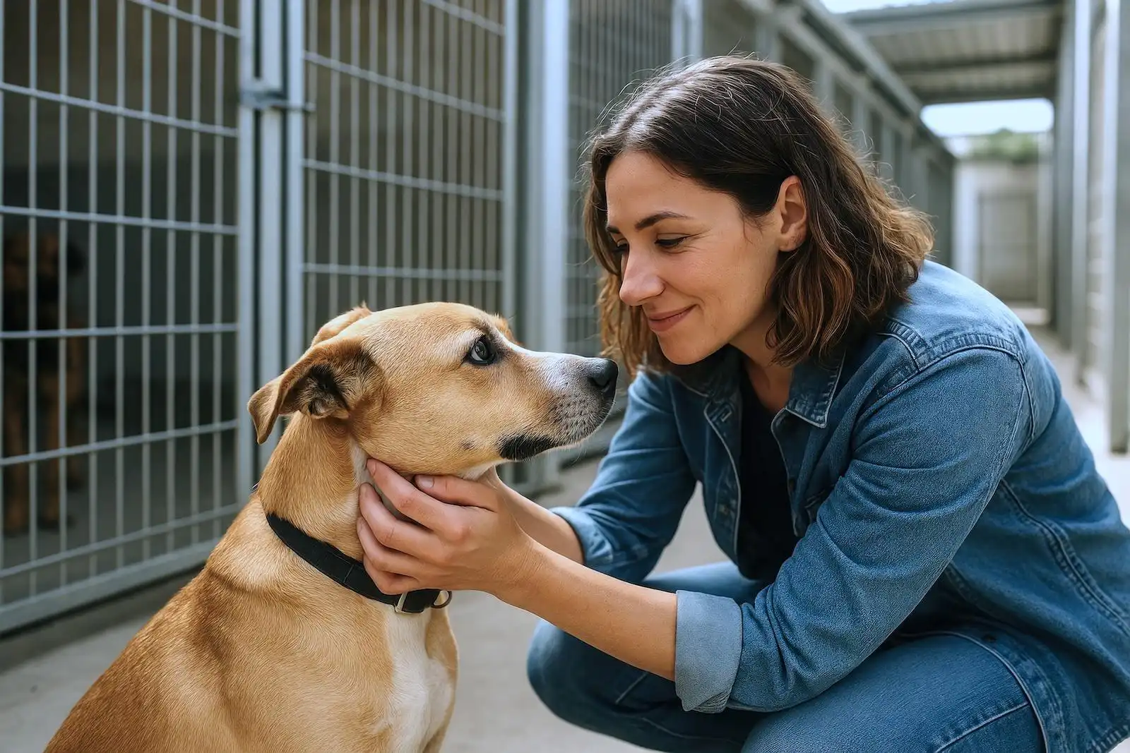 A woman looking for a shelter dog to adopt, petting a sweet tan pup, and smiling.
