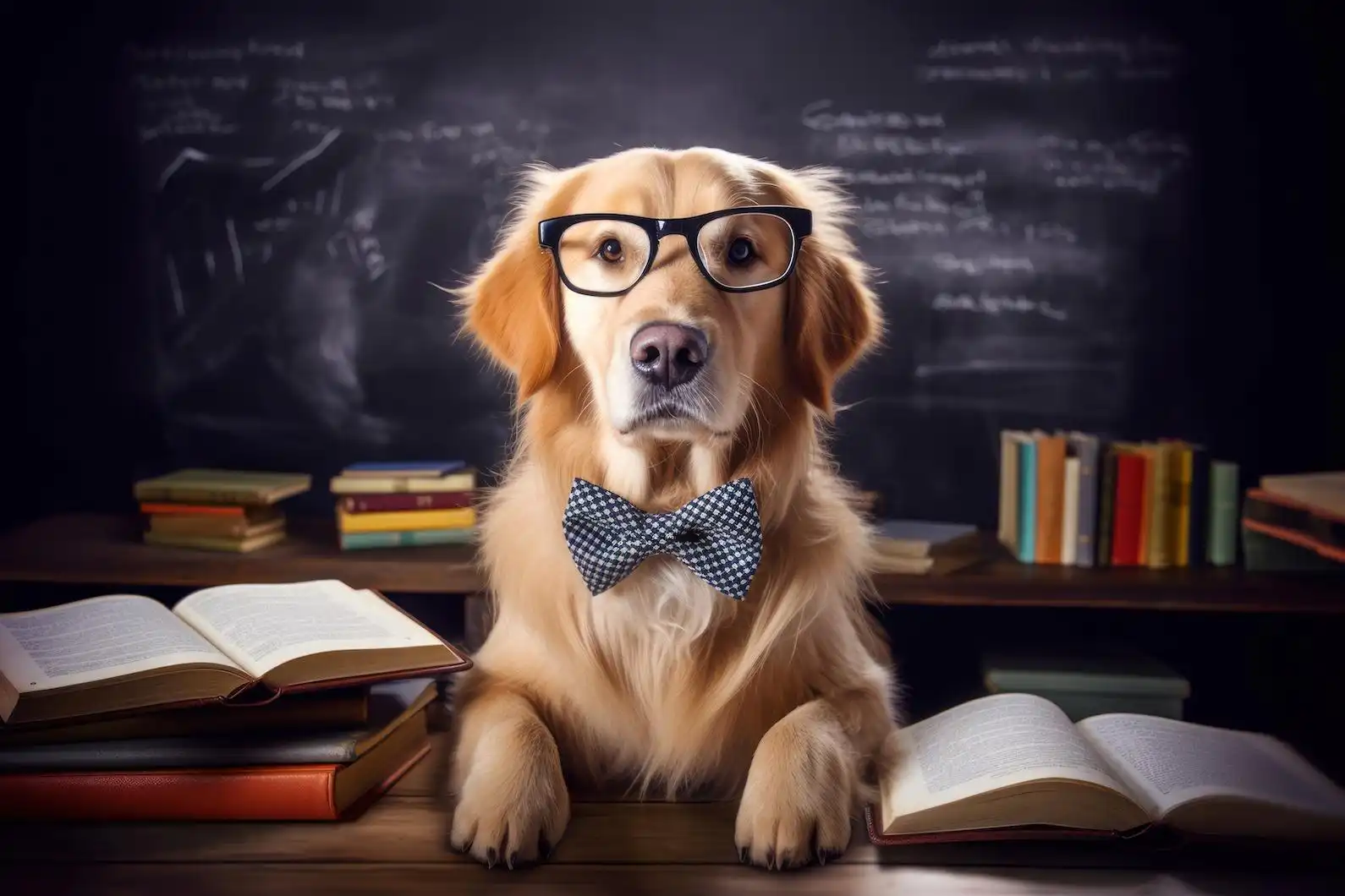 A dog, wearing glasses, with his paws on the desk, surrounded by a chalkboard and school books. This dog has life lessons to teach.