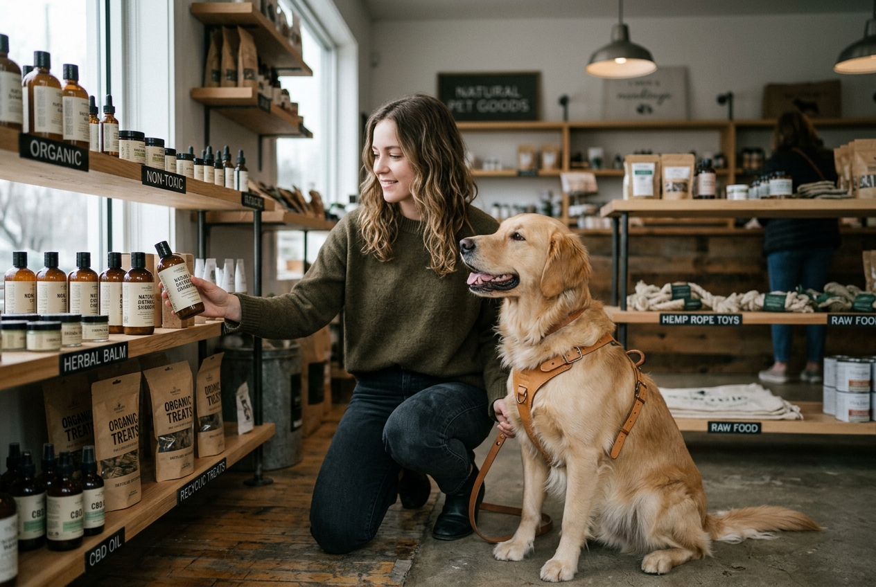 A minimal slightly moody photo of a dog mom and dog shopping | The Savvy Mutt